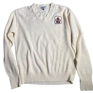 528- 70s cream sweater with embroidered logo on chest, made in USA #winterknit
